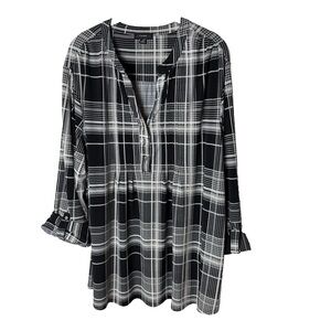 Cocomo Tunic Top Plus Size 3X Blouse 3/4 Roll-Tab Sleeves Stretch Plaid Black